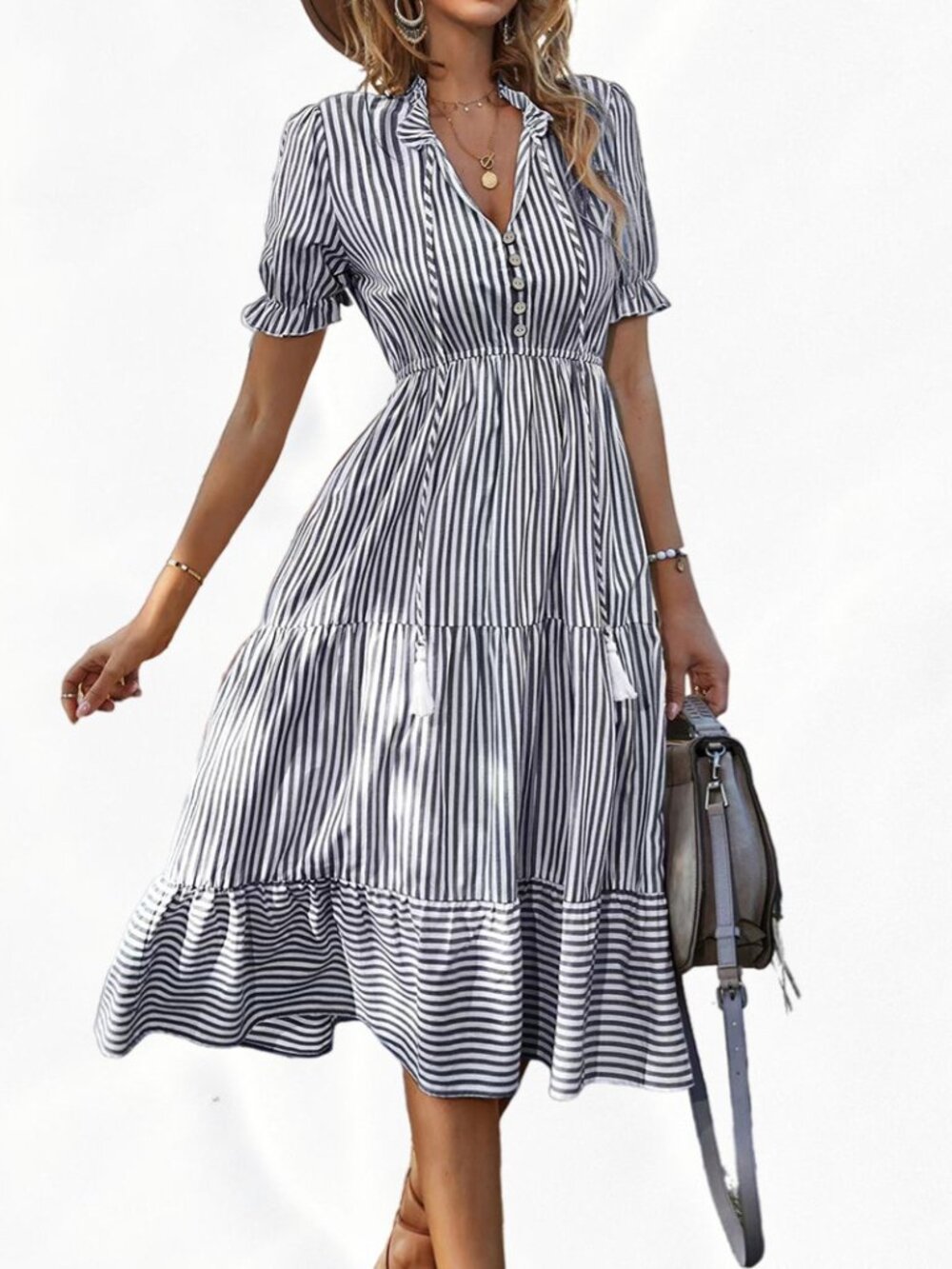 Women's Gray Striped V-Neck Puff-Sleeve Tiered Midi Dress